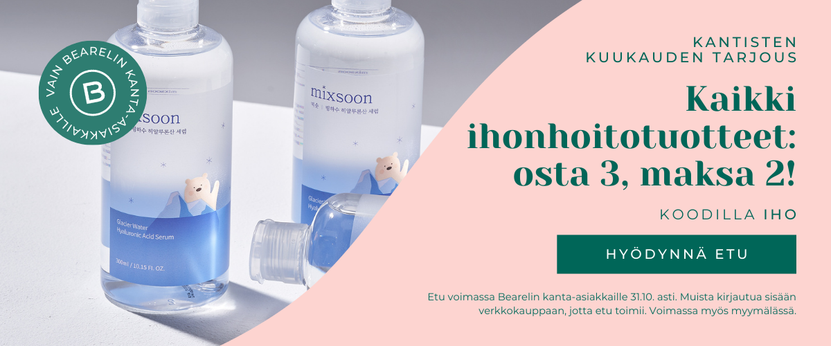 kantisten kuukauden tarjous: kaikki ihonhoitotuotteet osta 3, maksa 2! koodilla IHO voimassa verkkokaupassa ja myymälässä kanta-asiakkaille 31.10. asti, muista kirjautua sisään verkkokauppaan jotta etu toimii