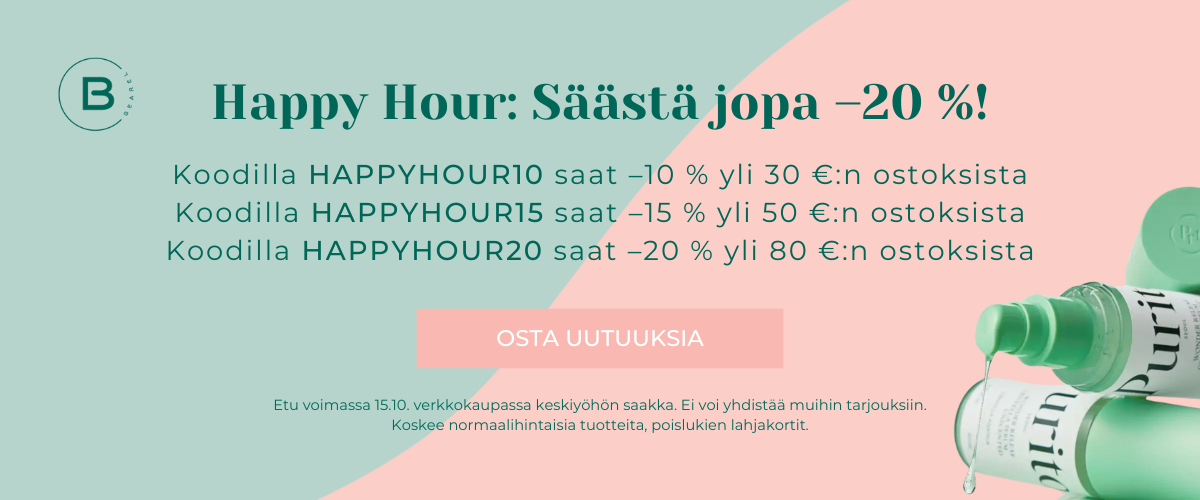 happy hour: Koodilla HAPPYHOUR10 saat –10 % yli 30 €:n ostoksista Koodilla HAPPYHOUR15 saat –15 % yli 50 €:n ostoksista Koodilla HAPPYHOUR20 saat –20 % yli 80 €:n ostoksista voimassa 15.10. keskiyöhön asti, ei voi yhdistää muihin alennuksiin, ei koske lahjakortteja.