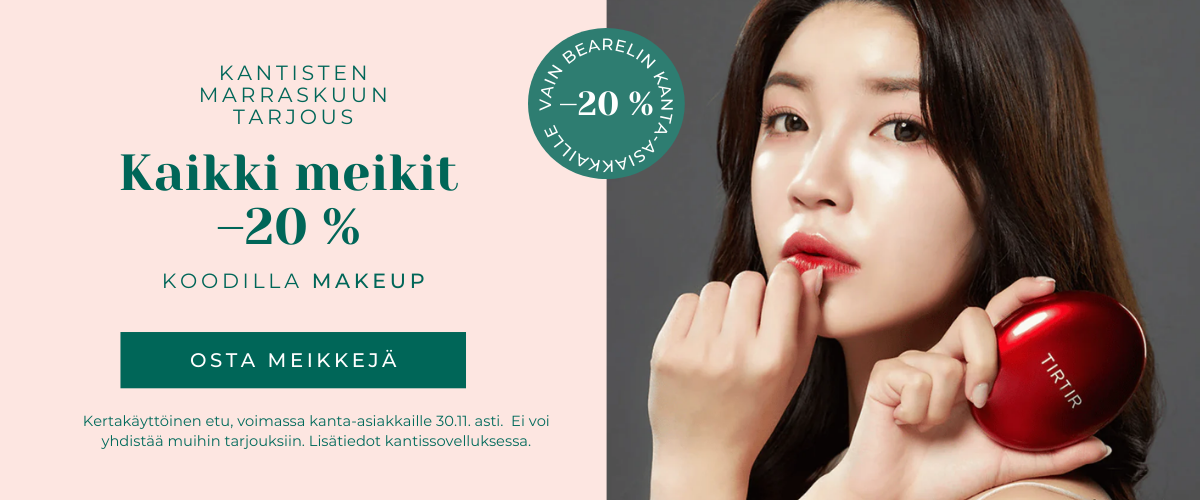 kantisten marraskuun tarjous: kaikki meikit -20% koodilla MAKEUP. kertakäyttöinen etu vain bearelin kanta-asiakkaille, voimassa 30.11. asti. ei voi yhdistää muihin tarjouksiin. lisätiedot app.bearel.fi