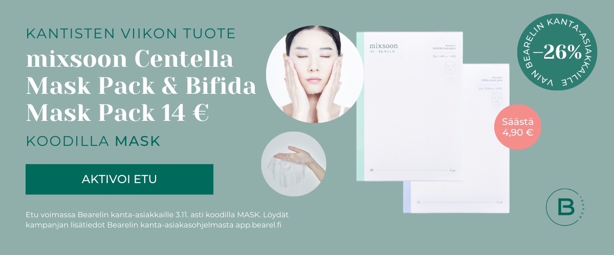 viikon tuote: mixsoon centella ja bifida mask pack viiden naamion pakkaukset 15e/kpl! voimassa 3.11. asti koodilla MASK. lisätiedot app.bearel.fi