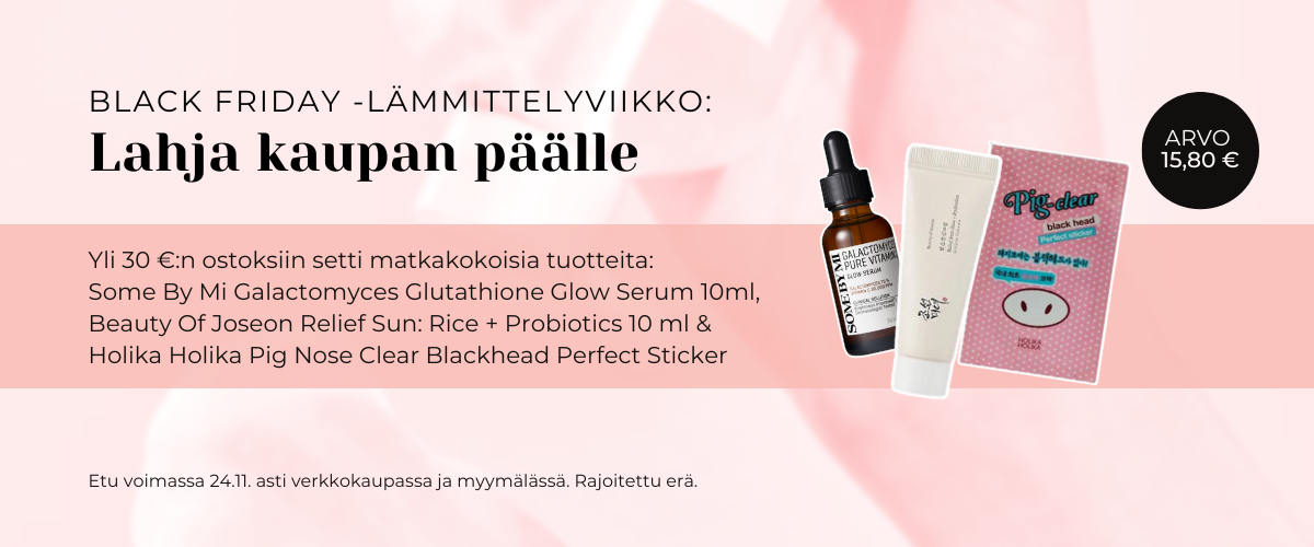 Kaupan päälle yli 30€:n ostoksiin (rajattu erä): Some By Mi Galactomyces Glutathione Glow Serum 10ml, Beauty Of Joseon Relief Sun: Rice + Probiotics 10 ml & Holika Holika Pig Nose Clear Blackhead Perfect Sticker