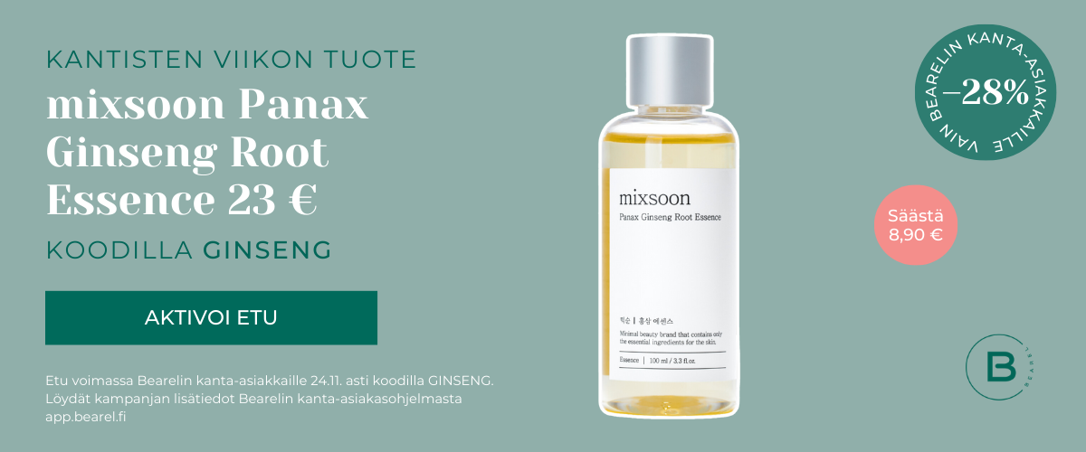 viikon tuote: mixsoon panax ginseng root essence 23 €. Etu voimassa vain Bearelin kanta-asiakkaille 24.11. asti koodilla GINSENG tai myymälässä kantissovelluksen kuponkia näyttämällä. Lisätiedot app.bearel.fi