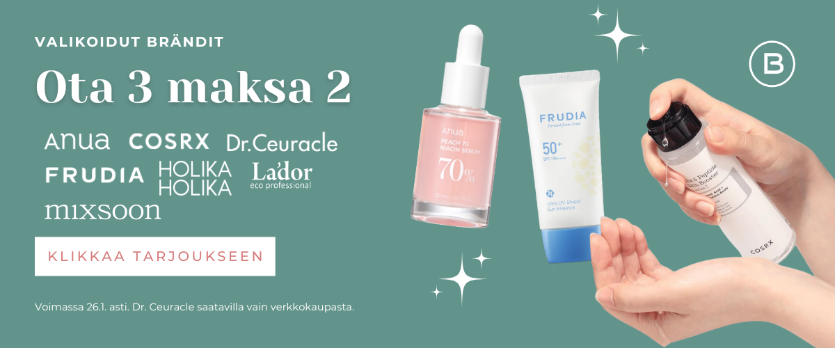 Valikoidut brändit: Ota 3, maksa 2! Koskee brändejä Anua, COSRX, Dr. Ceuracle, Frudia, Holika Holika, Lador ja mixsoon. Voimassa 26.1. saakka.