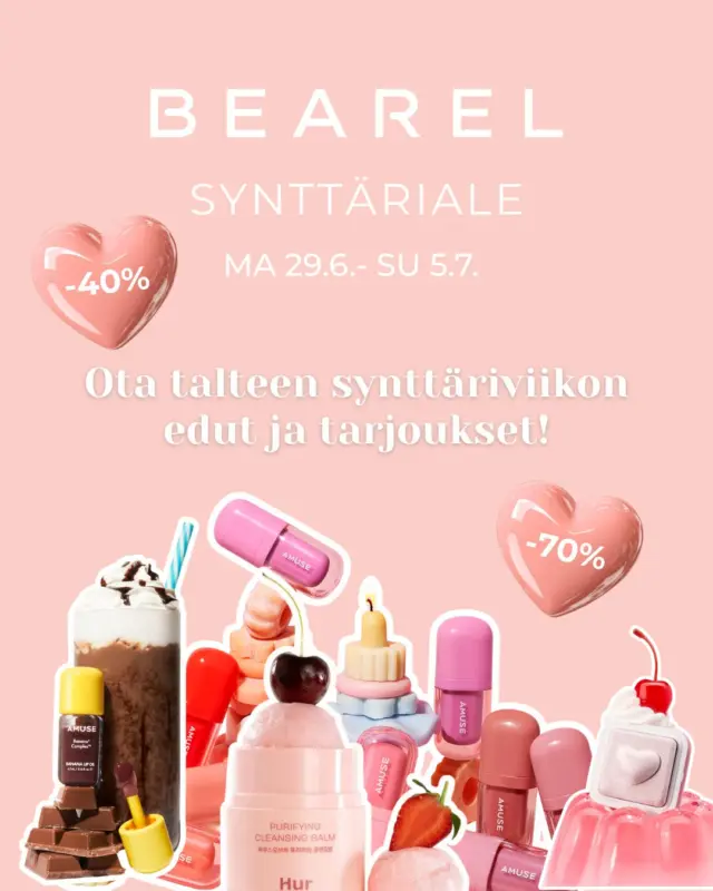 Bearel täyttää 10 vuotta! 🎉 Ota talteen synttäriviikon tarjoukset: 

💚 Vaihtuvat -40% tarjoukset
🛍 Goodie bag yli 50 € ostoksiin
🎂Supertarjoukset jopa -70 %
🎡 Onnenpyörä ja muita yllätyksiä

Merkitse kalenteriin Bearelin synttäriale 29.6.–5.7. 
Tästä tulee tarjousten viikko, jota et halua missata! 💕