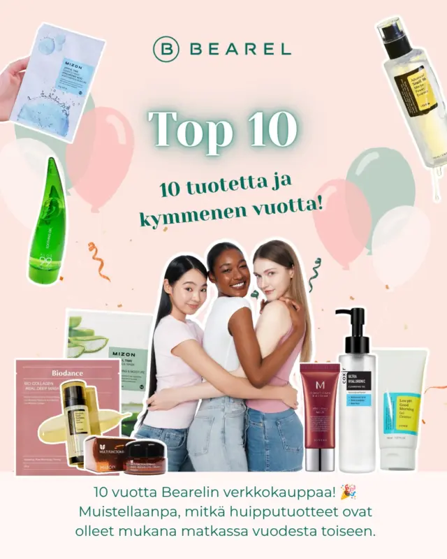 🥳10 vuotta Bearelin verkkokauppaa  ja nämä tuotteet ovat olleet mukana matkassa vuodesta toiseen!

Muistatko, kun Mizon ja COSRX saapuivat valikoimaamme? 💚 Tuolloin etanaseerumit ja -voiteet olivat korealaisen kosmetiikan kuumimpia uutuuksia 🐌

Myös Aloe-tuotteet pitävät pintansa vuodesta toiseen, erityisesti kesäisin! Listalle mahtui mukaan myös yksi uudempi tulokas: Biodance. Sen suosio on ollut niin huimaa, että se nousi jo kaikkien aikojen top 10 -listallemme!

Vuosien varrella valikoimassamme on ollut lukuisia ihania brändejä, joista osa on jo jäänyt historiaan. Nämä tuotteet ovat kuitenkin kulkeneet mukanamme lähes koko matkan, monet niistä aina vuodesta 2016 lähtien. 💚

💬 Löytyykö näistä jokin oma suosikkisi? Tai muistatko, minkä korealaisen kosmetiikan tuotteen tilasit meiltä ensimmäisenä? 😍