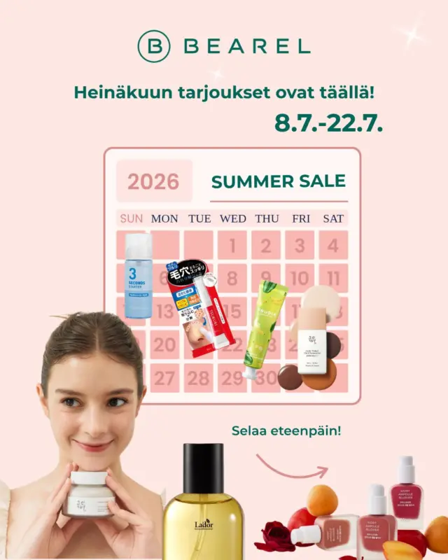 Kesän kauneussuosikit odottavat ☀️✨

🍓 Frudia & Holika Holika -30 %
🌿 Beauty of Joseon & BCL -25 %
💛 LADOR & House of Hur -25 %

Laadukasta ihonhoitoa, kesän meikkisuosikkeja ja hiustenhoidon helmiä nyt tarjoushinnoin. Kampanja on voimassa verkkokaupassa ja myymälässä 22.7. asti.

Löydä oma kesäsuosikkisi! 💕

#bearel #kbeauty #ihonhoito #meikit #hiukset