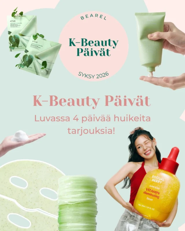 K-BEAUTY PÄIVÄT 17.–20.9. 💗

Nyt kannattaa shoppailla! 👀✨

🔥 KAIKKI vähintään -25%
✨ ALE jopa -50%

⏰ HAPPY HOUR perjantaina 18.9. klo 16–20
🔥 Kaikki tuotteet -40%

🎁 Kaupanpäälliset ostoksiin:
🛍️ Yli 50 € → Goodie Bag (arvo yli 50€)
💧 Yli 35 € → Torriden Balanceful Serum (arvo 22,90€)
🩷 Yli 20 € → Sheet Mask

Tarjoukset on voimassa verkkokaupassa ja myymälässä TO-SU 17.–20.9.

⚡ Kaupanpäällisiä on rajoitettu erä, joten ole nopea! Valikoima voi vaihdella verkkokaupan ja myymälän välillä. Goodie Bag 1 kpl / per ostotapahtuma.