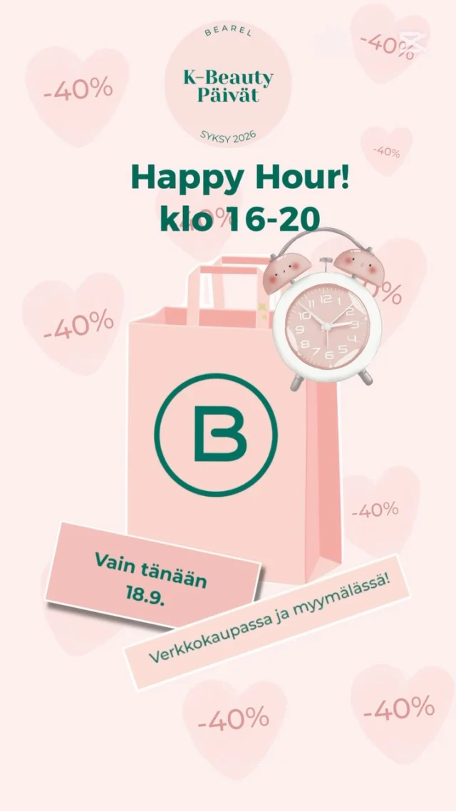 🥳 HAPPY HOUR ✨
Vain tänään 18.9. klo 16–20 KAIKKI -40% 🛍️

Onko joku tuote ollut ostoslistallasi? Nyt on täydellinen hetki napata se mukaan. Olipa kyseessä uusi ihonhoidon luottotuote, meikkisuosikki tai pitkään himoittu uutuus. 👀

⏰ Vain tänään klo 16–20
💗 Koko valikoima -40 %
🛍️ Myymälässä & verkkokaupassa. Tarjousta ei voi yhdistää muihin tarjouksiin

Älä missaa Happy Houria! 🫶

#bearel #kbeautypäivät #happyhour