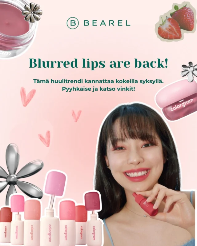 💋 Blurred lips are back!
Pehmeästi häivytetty ja utuisen täyteläinen huulilook on jälleen trendikäs.

💄 Taputtele huulille suosikkisävyäsi ja häivytä reunat kevyesti sormella tai siveltimellä. Lisää väriä huulten keskelle intensiivisemmän lopputuloksen saamiseksi.

👉 Löydät lookiin sopivat huulituotteet Bearelin myymälästä ja verkkokaupasta.

Oletko jo kokeillut blurred lips -lookia? 👀💋

#bearel #kbeauty #korealainenkosmetiikka #huulimeikki #blurredlips